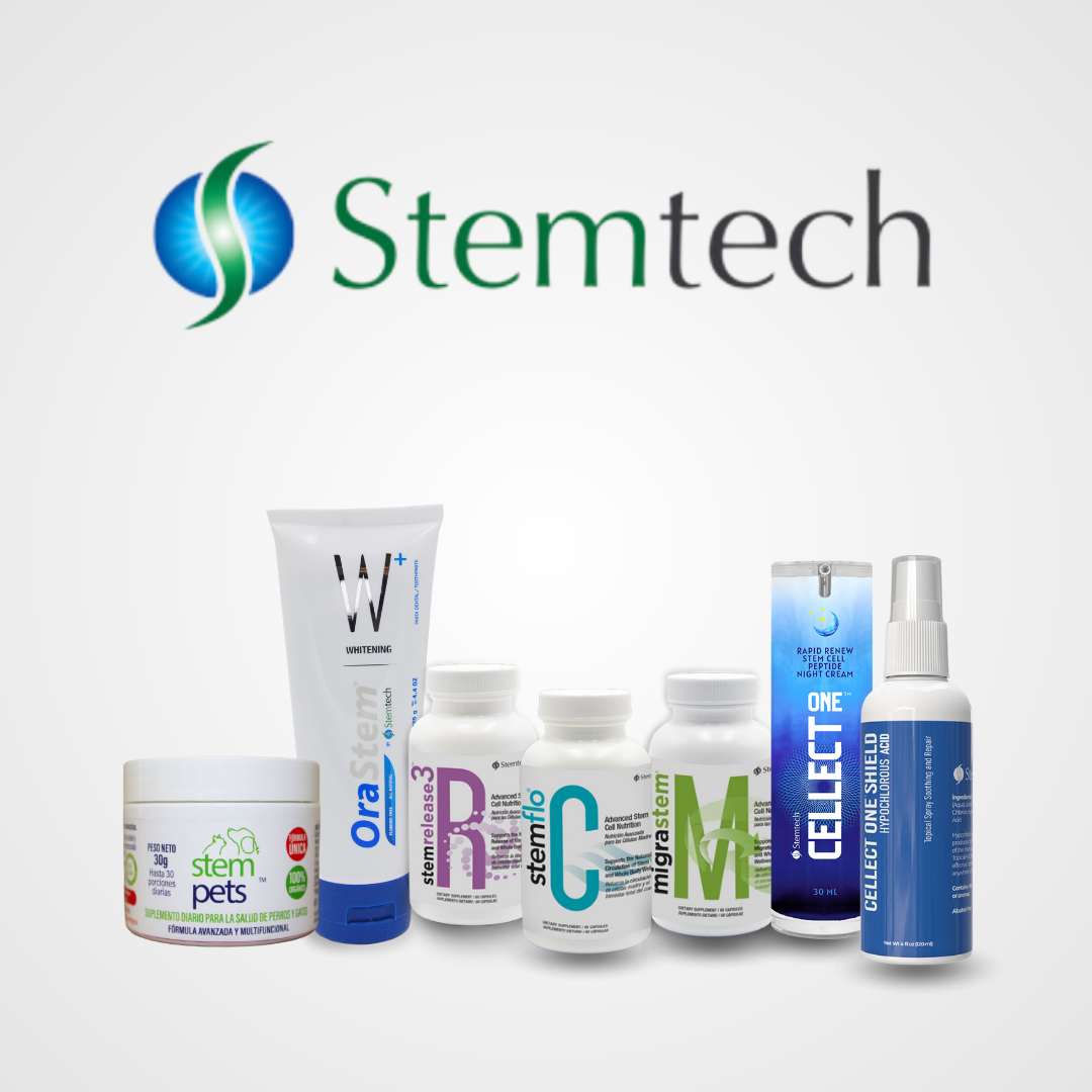 Stemtech product line — the RCM system, skincare, oral care and pet nutrition